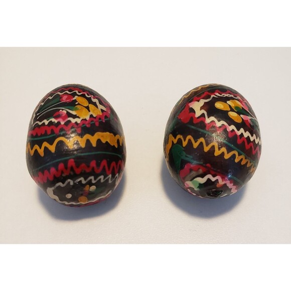 Vintage Hand Painted Lacquered Eggs Black Miniature Floral Spring Decor Set of 2 - Picture 5 of 8